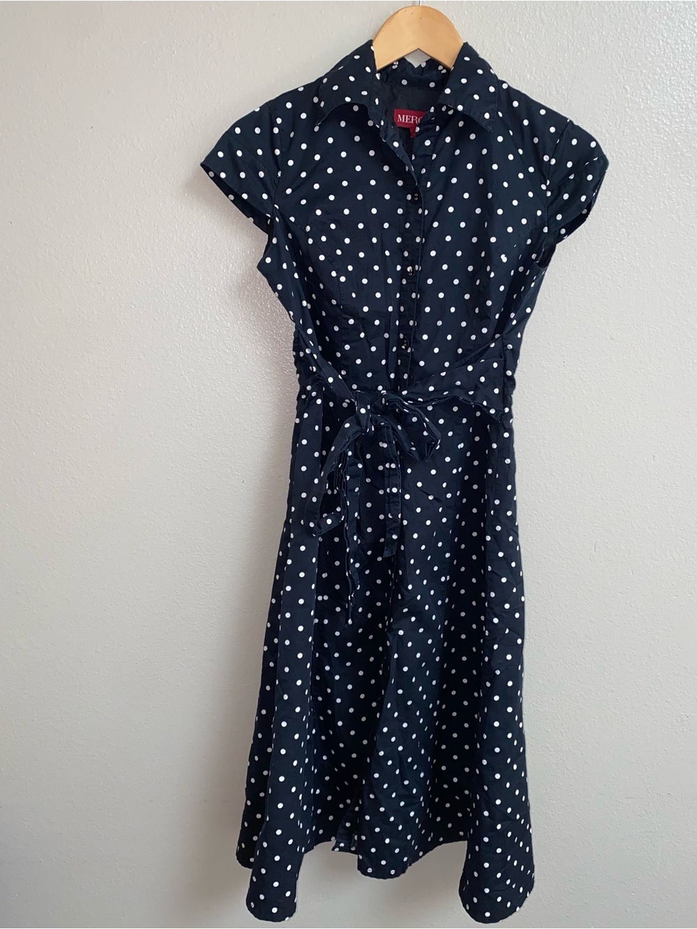 Merona Retro 50s Style Navy Polka Dot Midi Dress Button Front Belted | size 2